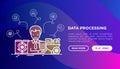 Data processing concept: SMM manager analyzes and collects data. Thin line icons: filtering, deep learning, mobile syncing, usage Royalty Free Stock Photo