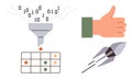 Data Processing Funnel with Binary Code, Approval Gesture, and Rocket for Innovation Concept Royalty Free Stock Photo