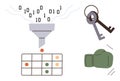 Data Processing Funnel with Binary Flow, Keys, and Boxing Glove Representing Security and Challenges Royalty Free Stock Photo