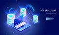 Data processing hosting service concept based landing page design with isometric view of database connected with laptop, cloud se