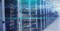 Data processing image over server racks in data center Royalty Free Stock Photo