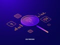 Data processing isometric icon, business analytics and statistics, magnifying glass, data visualization, infographic