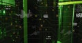Data processing and network connections image over green-lit server racks Royalty Free Stock Photo
