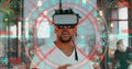 Data processing and scope scanning over african american man wearing vr headset at office