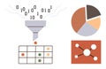 Data Processing and Visualization Concept with Funnel, Pie Chart, and Network Diagram Royalty Free Stock Photo