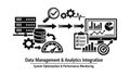 Data processing workflow integrating servers, databases, and monitoring, leading to performance analysis and strategic Royalty Free Stock Photo
