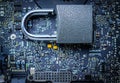 Data protecting Security Concept. Computer Internet protection with lock, key on microscheme chip. System Shield Protection