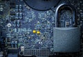 Data protecting Security Concept. Computer Internet protection with lock, key on microscheme chip. System Shield Protection