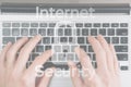 Data protecting security concept. Computer Internet protection symbol on blured keyboard background. Hacker attack and