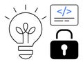 Innovation, Technology Security, and Programming Concept with Light Bulb, Code Symbol, and Padlock Royalty Free Stock Photo