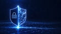 Data protection is a concept in cybersecurity and privacy technologies. There is a shield on the left side. The small padlock