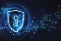 Data protection and cyber security concept with virtual glowing shield with keyhole on abstract technological background with Royalty Free Stock Photo