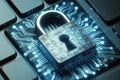 data protection and digital security concept, cybersecurity, button with padlock on blue touchscreen Royalty Free Stock Photo