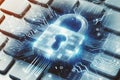 data protection and digital security concept, cybersecurity, button with padlock on blue touchscreen Royalty Free Stock Photo