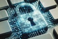 data protection and digital security concept, cybersecurity, button with padlock on blue touchscreen Royalty Free Stock Photo