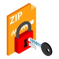 Data protection icon isometric vector. Key with binary code and padlock zip file Royalty Free Stock Photo
