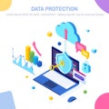 Data protection. Internet security, privacy access with password. 3d isometric computer pc with key, lock, shield, graph, chart. Royalty Free Stock Photo