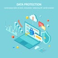 Data protection. Internet security, privacy access with password. 3d isometric computer pc with key, lock, shield, laptop, graph, Royalty Free Stock Photo