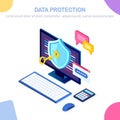 Data protection. Internet security, privacy access with password. 3d isometric computer pc with key, lock, shield, message bubble Royalty Free Stock Photo