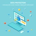 Data protection. Internet security, privacy access with password. 3d isometric computer pc with key, lock. Vector design for Royalty Free Stock Photo