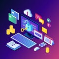 Data protection. Internet security, privacy access with password. 3d isometric computer pc with key, open lock, folder, cloud, Royalty Free Stock Photo