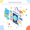 Data protection. Internet security, privacy access with password. 3d isometric mobile phone with key, shield, lock, folder, cloud Royalty Free Stock Photo