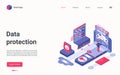 Data protection isometric landing page, tech service for internet cyber safety database