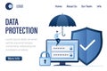 Data Protection landing page template. Businessman holding umbrella. Monitor screen with login and password Royalty Free Stock Photo