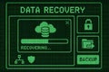 Data recovery concept shown on retro pixelated screen. Digital information backup process with cloud storage icon and progress bar Royalty Free Stock Photo