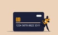 Data robbery and crime fraud with credit card and thief. Man with mask hack password and steal access vector illustration concept