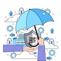 Data safety cloud shield hand hold umbrella over synchronization General Data Protection Regulation GDPR server security