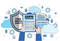 Data safety cloud shield hands hold checklist over synchronization General Data Protection Regulation GDPR server