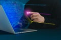 Data science, big data technology. Computers used by data scientists to calculate, analyze, display complex data streams. Data Royalty Free Stock Photo