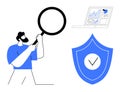 Data Analysis and Cybersecurity Concept with Person Holding Magnifying Glass, Shield, and Analytics Dashboard Royalty Free Stock Photo