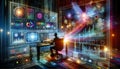 A data scientist immersed in analyzing complex financial and business metrics on an array of vibrant digital dashboards