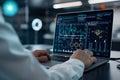 Data Scientist Running AI Predictive Modeling Software on High-End Laptop with Complex Interface and Digital Assistant Hologram