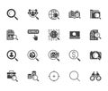 Data search flat glyph icons set. Magnify glass, find people, image zoom, database exploration, analysis vector