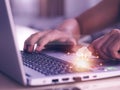 Data Search Technology Search Engine Optimization. man`s hands are using a computer notebook to Searching for information. Using Royalty Free Stock Photo