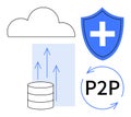 Cloud Data Transfer, Cybersecurity Shield, P2P File Sharing Concept with Arrows and Server Icon Royalty Free Stock Photo