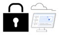 Cybersecurity and Data Protection with Lock Icon, Cloud Storage, and Computer Screen Interface Royalty Free Stock Photo