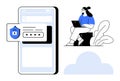 Data Security Concept with Password Protection and Woman Using Laptop in Minimalist Style Royalty Free Stock Photo
