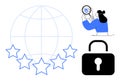 Global Data Security Concept with Lock Icon, Quality Stars, and Magnifying Glass for Monitoring Royalty Free Stock Photo