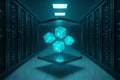 Data security concept with glowing cubes and locks floating in a server room environment Royalty Free Stock Photo