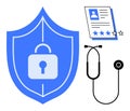 Data security concept for healthcare featuring shield, lock, stethoscope, and patient form Royalty Free Stock Photo