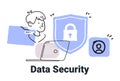 Data security concept laptop shield lock person file minimalist doodle style