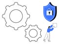 Data Security Concept with Shield, Gears, and Cartoon Figure Safeguards Royalty Free Stock Photo