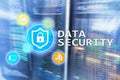 Data security, cyber crime prevention, Digital information protection. Lock icons and server room background Royalty Free Stock Photo