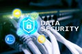 Data security, cyber crime prevention, Digital information protection. Lock icons and server room background Royalty Free Stock Photo