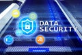 Data security, cyber crime prevention, Digital information protection. Lock icons and server room background Royalty Free Stock Photo