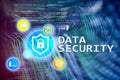Data security, cyber crime prevention, Digital information protection. Lock icons and server room background Royalty Free Stock Photo